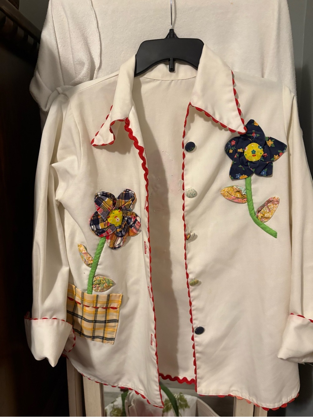 Just Joey Vintage 1970’s Hippie Blouse withFloral Appliqué, Button-Up